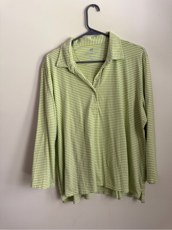 Renwick Tops - Renwick Pima Cotton Polo Top Women's XXL Green White Stripe Long Sleeve Golf